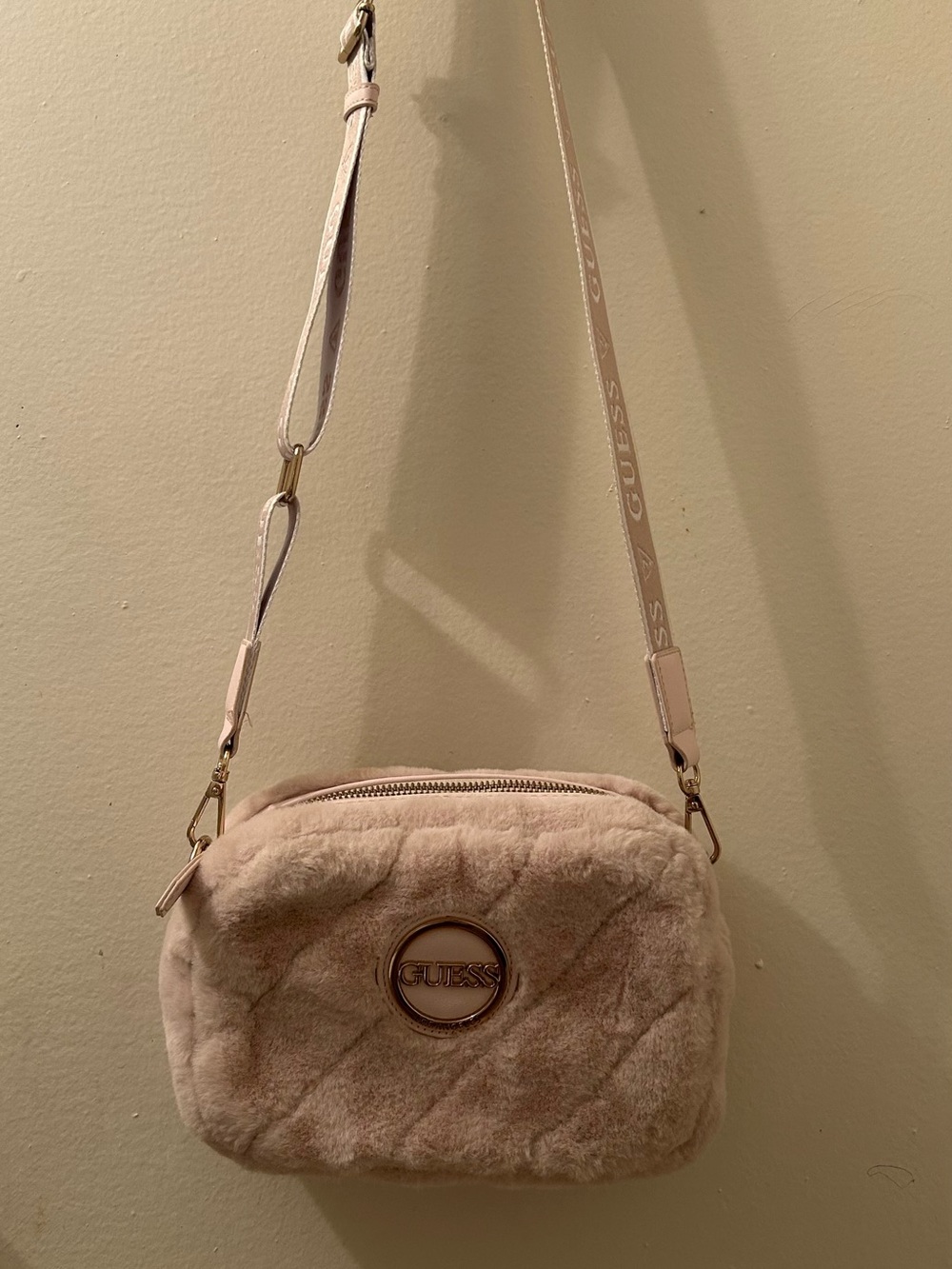 GUESS Blush Faux-Fur Quilted Crossbody with Gold Logo